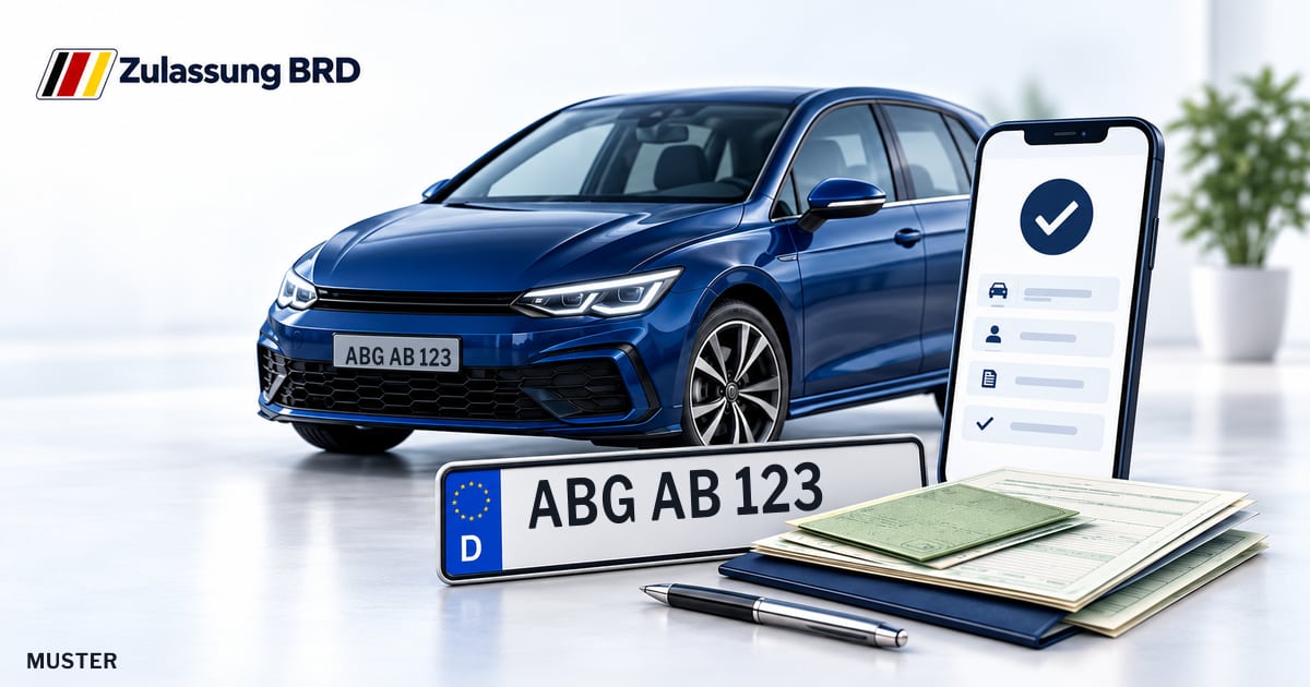 Online Fahrzeugzulassung in Landkreis Altenburger Land: Musterkennzeichen ABG AB 123, Auto und Fahrzeugpapiere und Smartphone. Illustration mit Logo von Zulassung BRD.